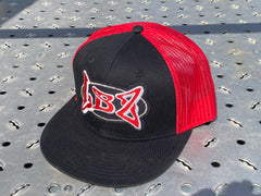 red, flat bill, snapback hat